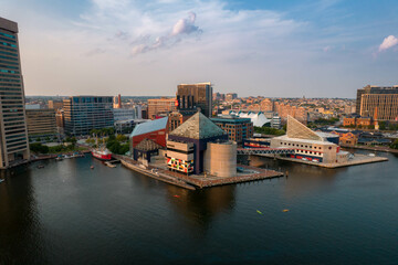 Aerial View of Baltimore City Inner Harbor at Sunset