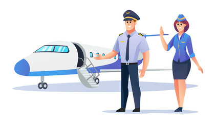 Pilot and stewardess with airplane cartoon illustration