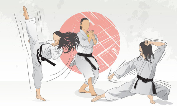 A set of girls engaged in karate. Abstract background