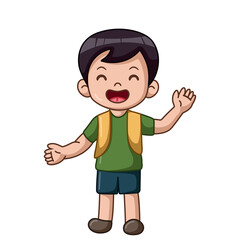 Cute school boy cartoon waving hand