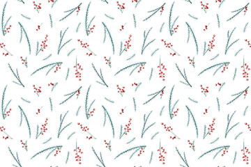 Minimalistic and delicate seamless pattern with spruce (fir) and ilex branches. For wrapping paper, gift bags and festive decor for the new year 2022. Watercolor.
