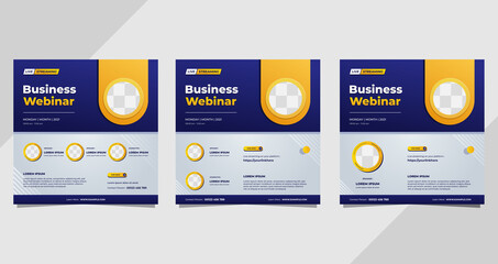Set of business webinar social media post templates on blue and white background and circle frame