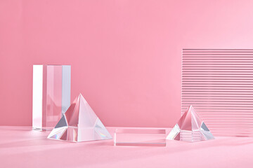 Glass Geometric podium for product display. Monochrome platform with ribbed acrylic sheets and...