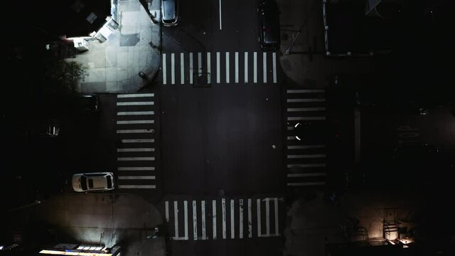 Top shot of a Brooklyn intersection at night going up