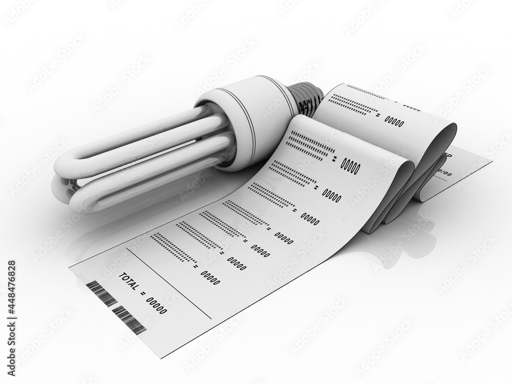 Poster 3d rendering fluorescent cfl lamp with computer bill