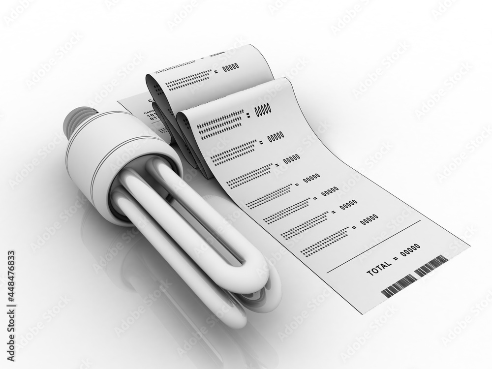 Poster 3d rendering fluorescent cfl lamp with computer bill