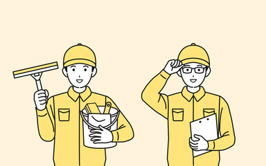 清掃業者　クリーニングスタッフ　ビルメン　男性　掃除　案内　イラスト素材