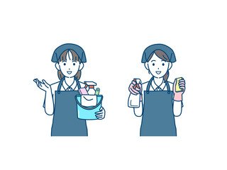 クリーニングスタッフ　家政婦　女性　掃除　案内　イラスト素材