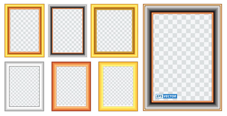 set of realistic gold frame template isolated or gold wood frame retro style or vintage gold photo frame mock up. eps vector