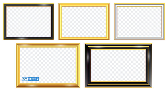 set of realistic gold frame template isolated or gold wood frame retro style or vintage gold photo frame mock up. eps vector