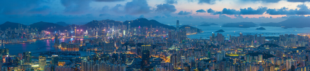 Panorama of aerial view of Hong Kong city at dusk