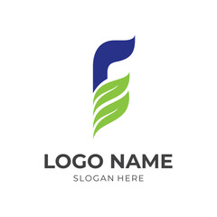 letter E leaf logo design, letter E and leaf, combination logo with flat blue and green color style