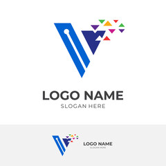 letter V pixel logo design, letter V and pixel, combination with flat colorful style