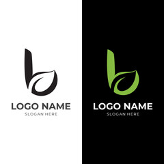 simple letter B and leaf logo design with flat black and green color style