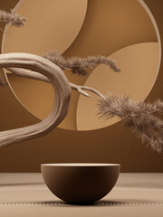 japanese style minimal abstract background .podium with brown background for product presentation. 3d rendering illustration.