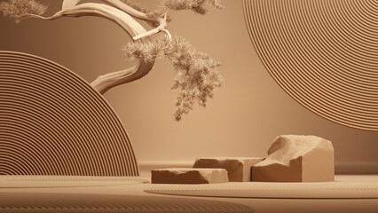 japanese style minimal abstract background .japanese garden and podium with brown background for product presentation. 3d rendering illustration.