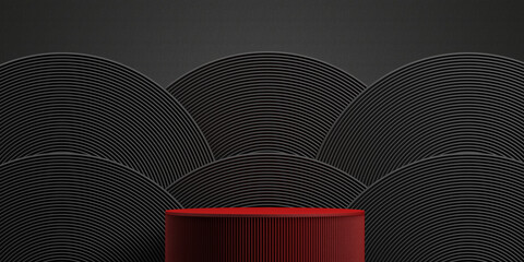 japanese style minimal abstract background .red podium with half circle black background for product presentation. 3d rendering illustration.