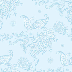 Eastern ethnic style compositions, mehendi, traditional indian henna floral ornament with peacock. Seamless pattern, background in soft pastel colors. Vector illustration..