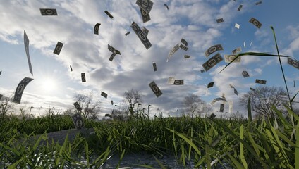 monopoly money rain in a field - obrazy, fototapety, plakaty
