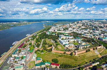 Nizhny Novgorod, Russia. Panorama of the Kremlin from the air. View of the embankment and the Volga...