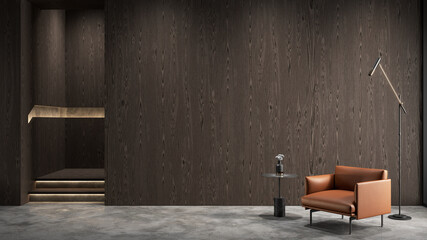Modern wooden interior with orange armchair, wall panel and decor. 3d render illustration mock up.