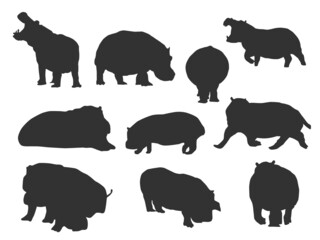 Set vector of the Hippo, The shadow of different poses isolated on white background.