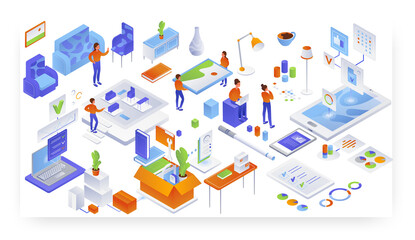 Home furniture placement. Unloading and interior design services, vector isometric illustration.