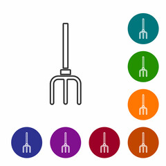 Black line Garden pitchfork icon isolated on white background. Garden fork sign. Tool for horticulture, agriculture, farming. Set icons in color circle buttons. Vector