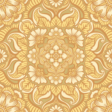 Eastern ethnic motif, traditional indian henna ornament. Seamless pattern, background in yellow colors. Vector illustration.