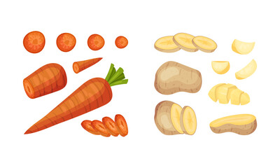 Raw Vegetable Sliced or Chopped as Cooking Ingredient Vector Set
