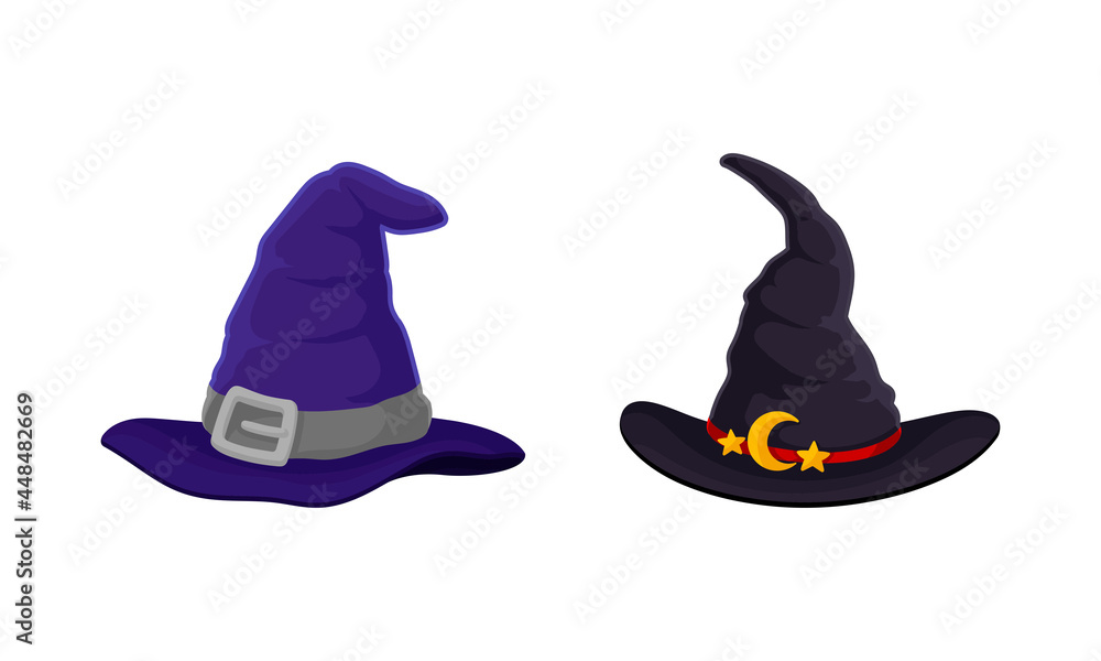 Poster witch pointed hat with buckle and wide brim vector set