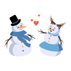 Cute Christmas snowman and snow woman with love emotions, smile face, arms and legs. Joyful New Year festive decoration fall in love with hearts