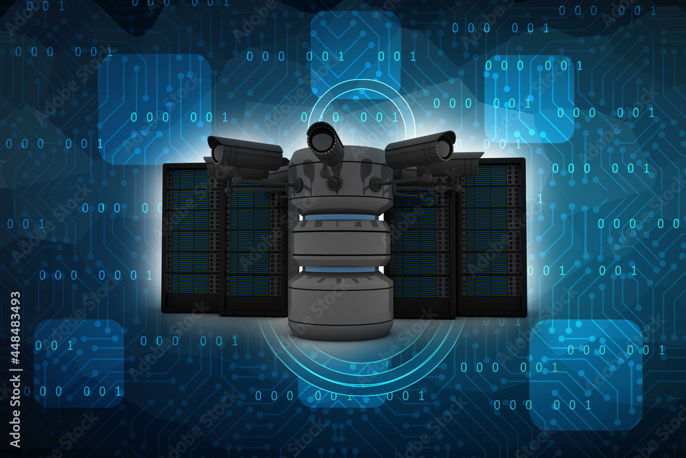 Poster 3d rendering surveillance cctv security camera connected database near server
