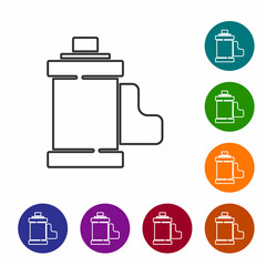 Black line Camera vintage film roll cartridge icon isolated on white background. 35mm film canister. Filmstrip photographer equipment. Set icons in color circle buttons. Vector