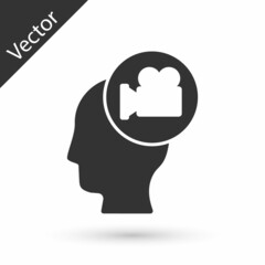Grey Head with camera icon isolated on white background. Video camera. Movie sign. Film projector. Vector