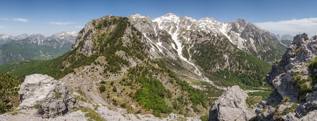 Big panorama of Albanian Alps from Valbona Pass in Albania