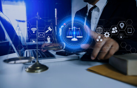 Legal advice technology service concept. Lawyer business hand working with modern law technology.

