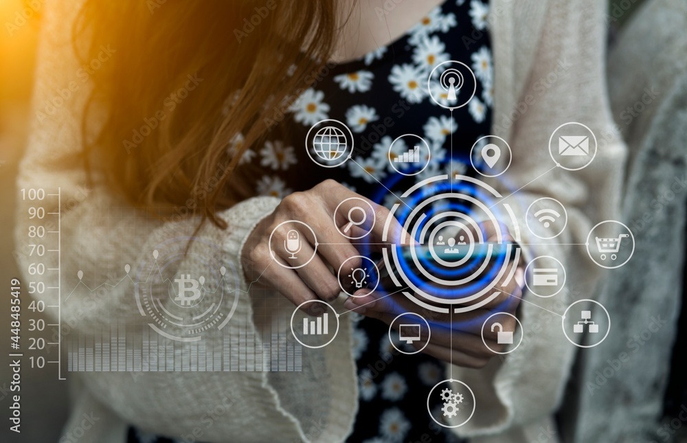 Aufkleber happy woman hands using smartphone with connection internet icons. using social networks concept.