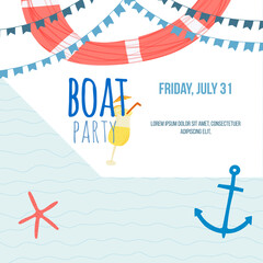 Hand drawn vector illustration for beach, nautical sea theme. Design template for invitation, greeting card, sale banner, flyer with space for text.