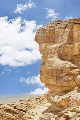 Makhtesh Ramon - Ramon Crater in Israel's Negev Desert from the Mitzpe Ramon lookout, with Mount Ramon in the background. View of color sand, stone Negev desert down from cliff