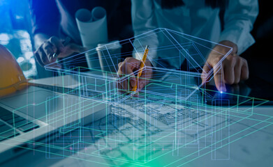 Construction and structure concept, engineer working with digital tablet computer and meeting for project working with partner on model building, technology network interface icons.