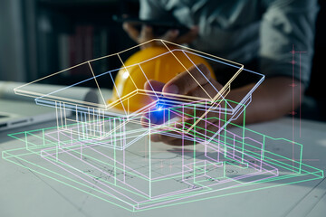 Construction and structure concept, engineer working with digital tablet computer and meeting for project working with partner on model building, technology network interface icons.