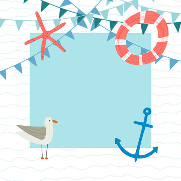 Hand drawn vector illustration for beach, nautical sea theme. Design template for invitation, greeting card, sale banner, flyer with space for text.