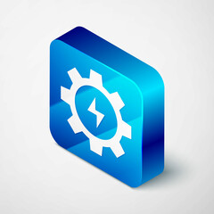 Isometric Gear and lightning icon isolated on grey background. Electric power. Lightning bolt sign. Blue square button. Vector