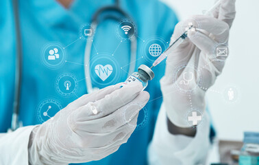 Doctor hands holding vaccine jar  COVID-19, Medical network connection with modern virtual screen interface cons, Medical technology and coronavirus Vaccine concept.