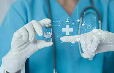 Doctor hands holding vaccine jar  COVID-19, Medical network connection with modern virtual screen...