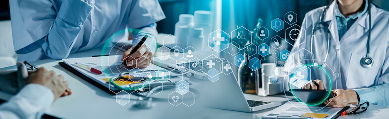 Medicine doctor using digital healthcare and network connection on hologram modern virtual screen interface icons, Medical technology futuristic concept.