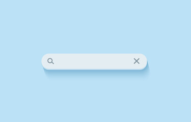 3D search bar. Browser button for website and UI design. Search form template. Vector illustration on soft blue background.