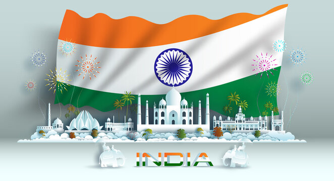 Happy independence anniversary celebration national day in India flag background.