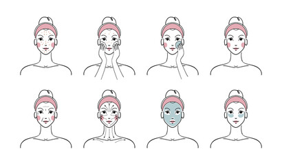 Beauty Girl concept for facial skin care, beauty treatments at home. A woman does a facial massage along the lines, uses a cream, anti-acne cleansing procedures. Flat vector illustration icons set.
